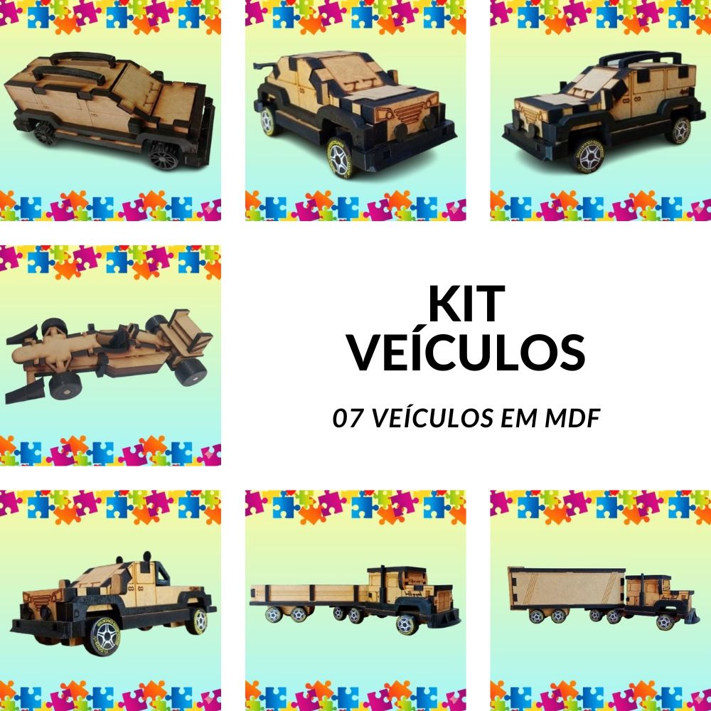 Kit Doug Brinquedos – 07 Brinquedos Educativos em MDF Carrinhos Quebra Cabeça