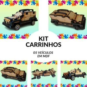 Kit Carrinhos – 05 Brinquedos Educativos em MDF Carrinhos Quebra Cabeça